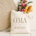 Oma Roman Numeral Year Established Tote Bag<br><div class="desc">A modern minimalist tote bag to celebrate a chic grandma,  this clean minimal tote features "Oma" or your choice of grandma nickname in neutral tan serif lettering. Customise with the year she became a grandmother beneath in elegant roman numerals for a chic touch.</div>