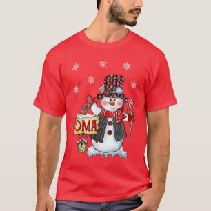 Oma Snowman Christmas Candy Cane Red Plaid Santa T-Shirt