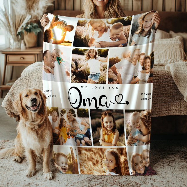 Oma We Love you Hearts Modern Photo Collage Fleece Blanket (Creator Uploaded)
