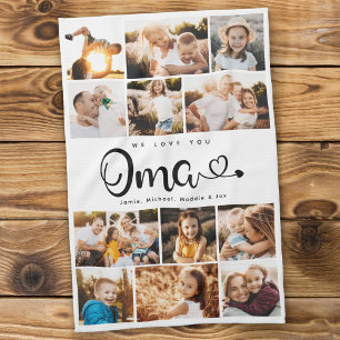 Oma We Love you Hearts Modern Photo Collage Tea Towel