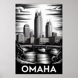 Omaha Nebraska Skyline Black White Woodcut Poster