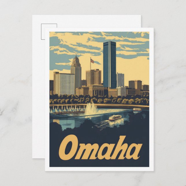 Omaha Nebraska USA Art Vintage Travel Illustration Postcard (Front/Back)