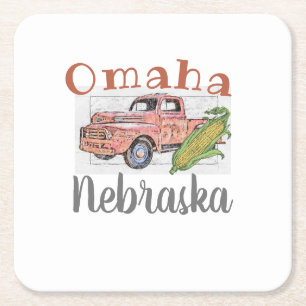 Omaha Nebraska Vintage Truck and Corn Square Paper Coaster