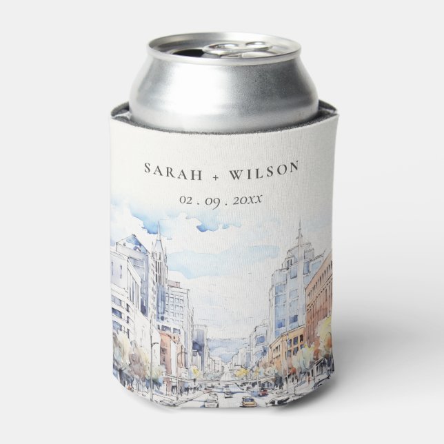 Omaha Nebraska Watercolor Landscape Wedding Can Cooler (Can Front)