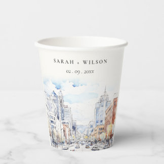 Omaha Nebraska Watercolor Landscape Wedding Paper Cups