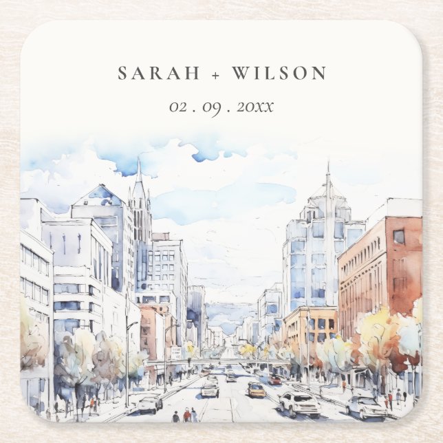 Omaha Nebraska Watercolor Landscape Wedding Square Paper Coaster (Front)