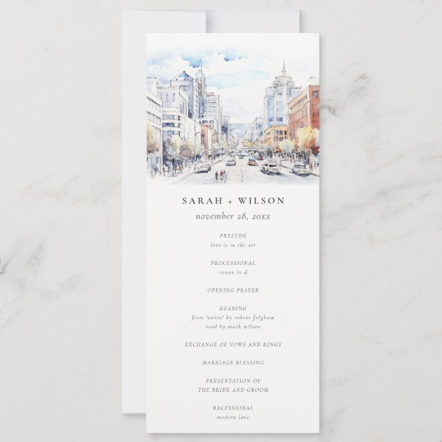 Omaha Nebraska Watercolor Scape Wedding Program Invitation (Front)