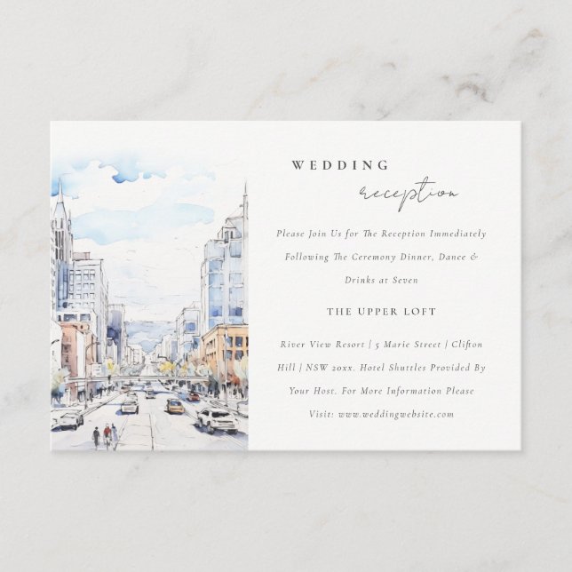 Omaha Nebraska Watercolor Scape Wedding Reception Enclosure Card (Front)