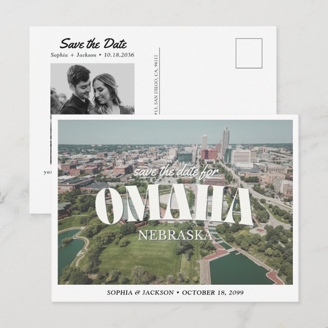 Omaha Wedding Save the Date Retro Skyline Postcard (Front/Back)
