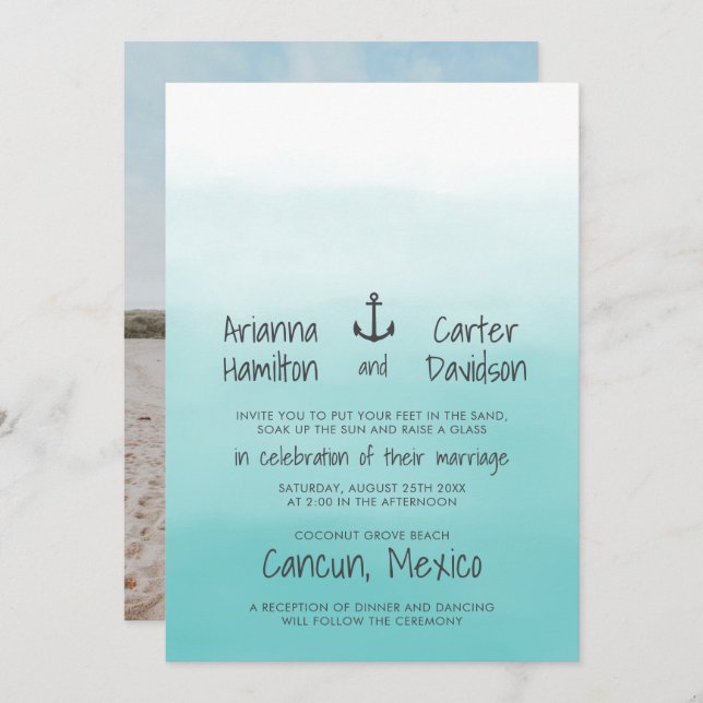 Ombre Beach Destination Ocean Anchor Wedding Invitation (Front/Back)