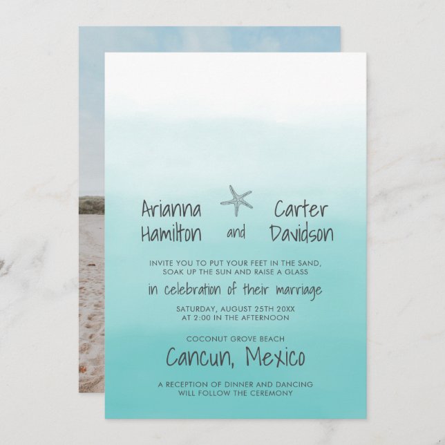 Ombre Beach Destination Ocean Starfish Wedding Invitation (Front/Back)