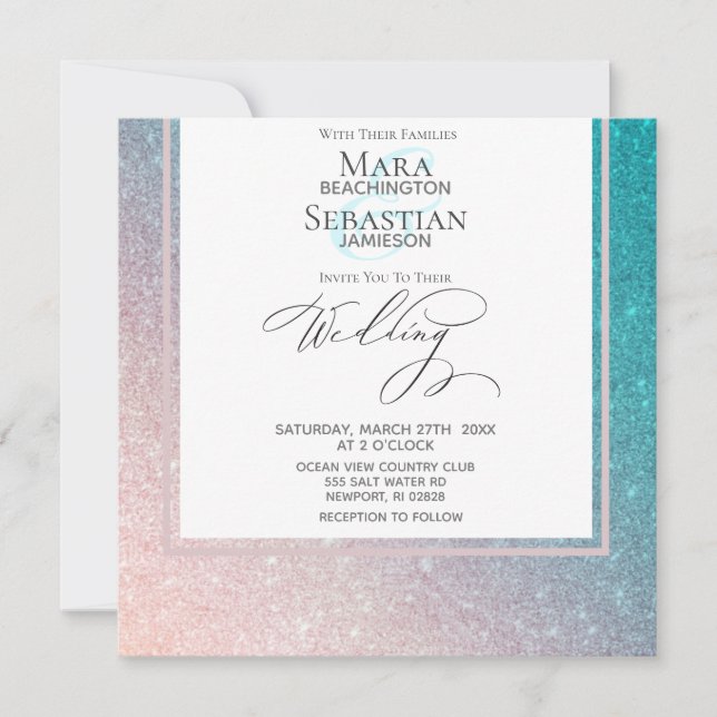 ~* Ombre Beach Glitter Trendy Elegant AR4 Wedding Invitation (Front)