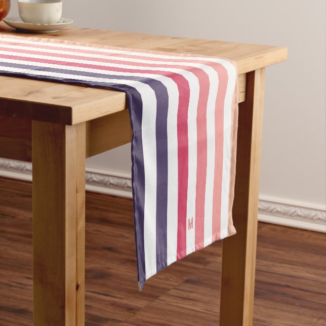 Ombre Beach Sunset Stripe & Personalised Monogram Short Table Runner (In Situ)