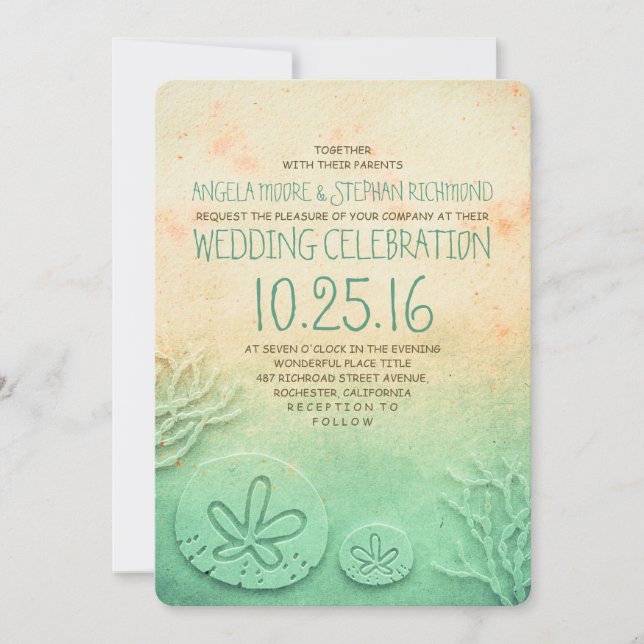 Ombre beach wedding invitations - blush teal colou (Front)