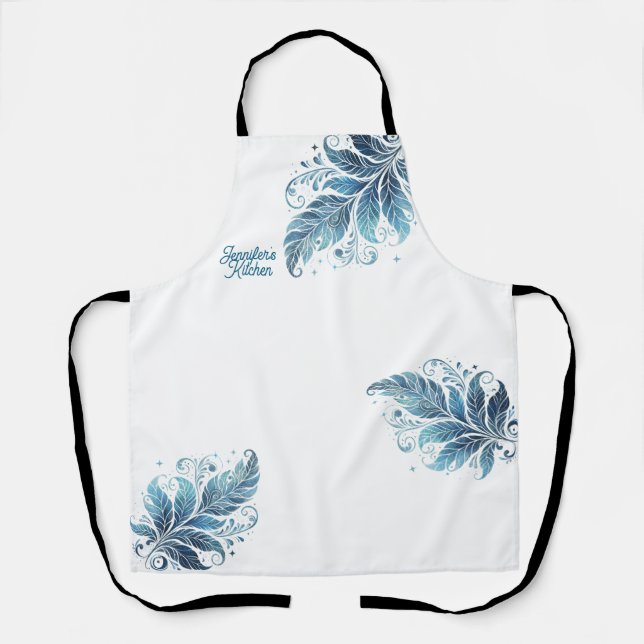 Ombre Blue Filigree Leaf  Personalised Kitchen Apron (Front)