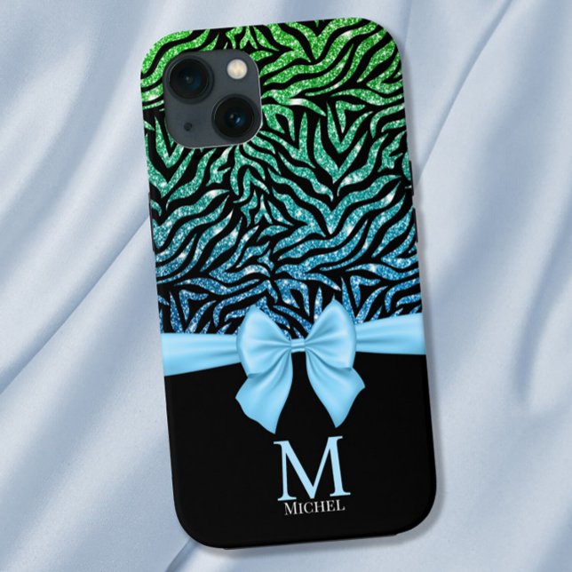 Ombre blue Glitter Zebra Stripes Bow Monogram Case-Mate iPhone Case (Creator Uploaded)