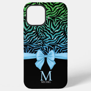 Ombre blue Glitter Zebra Stripes Bow Monogram iPhone 12 Pro Max Case
