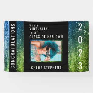 Ombre Blue   Green Faux Glitter Photo Graduation Banner