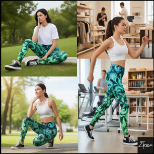 Ombre Blue Green Ornamental Scrollwork Pattern Leggings