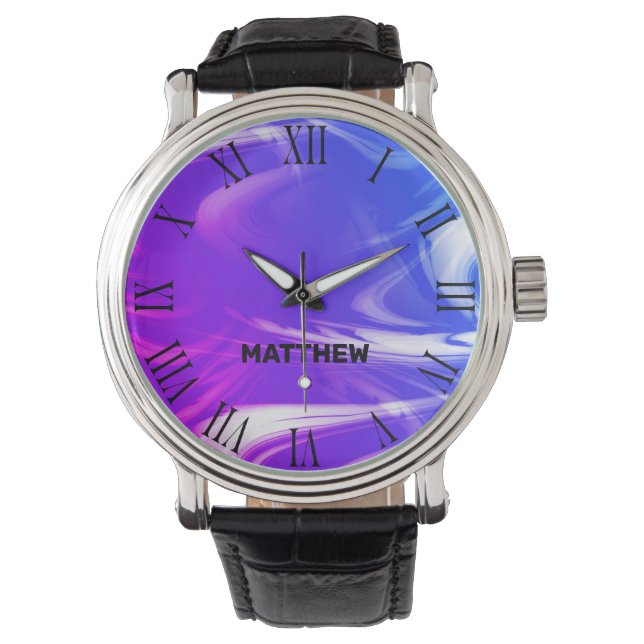 Ombre Blue Marble Cool Marbled Pattern Custom Name Watch (Front)