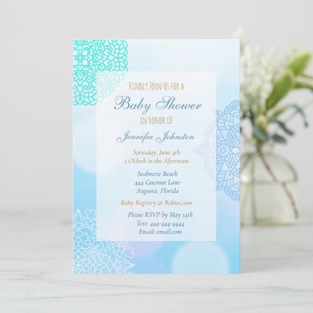 Ombre Blue, Teal and White Mandala Baby Shower  Invitation (Standing Front)