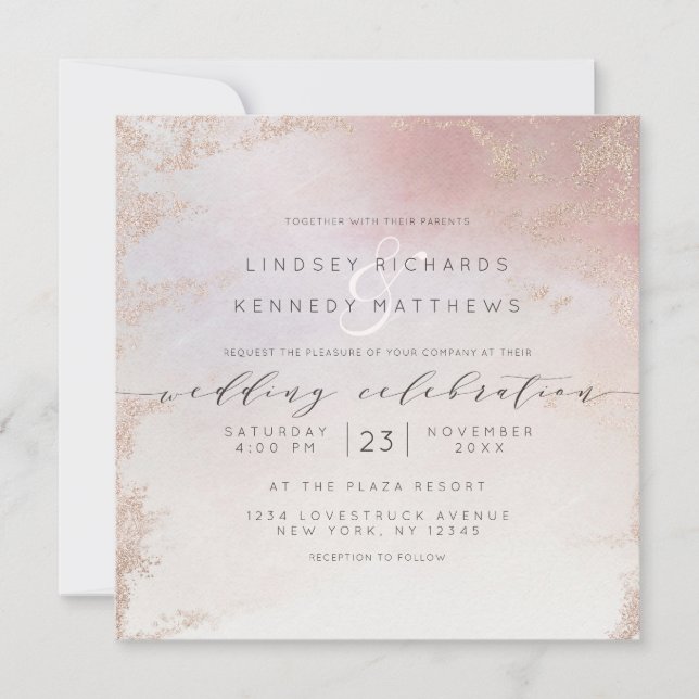 Ombre Blush Pink Frosted Foil Luxe Wedding Square Invitation (Front)