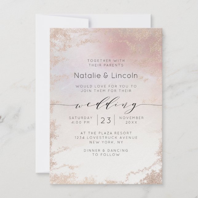 Ombre Blush Pink Frosted Foil Script Font Wedding Invitation (Front)