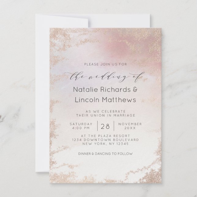Ombre Blush Pink Frosted Foil Script Wedding Invitation (Front)