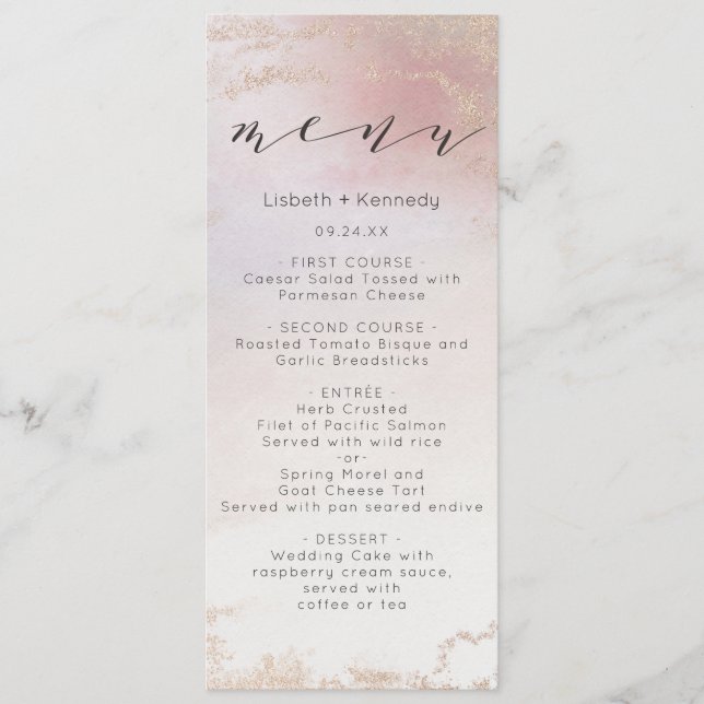 Ombre Blush Pink Frosted Foil Watercolor Dinner Menu (Front)