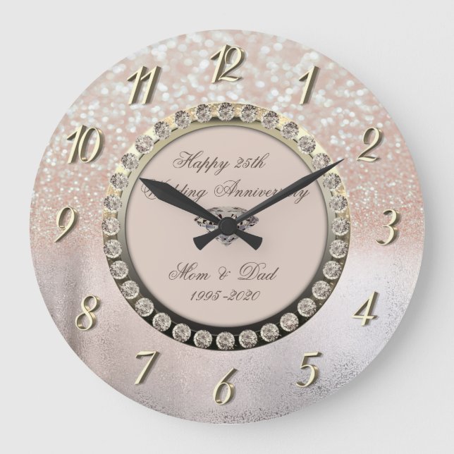 Ombre Bokeh Diamonds 25th Wedding Anniversary Large Clock (Front)
