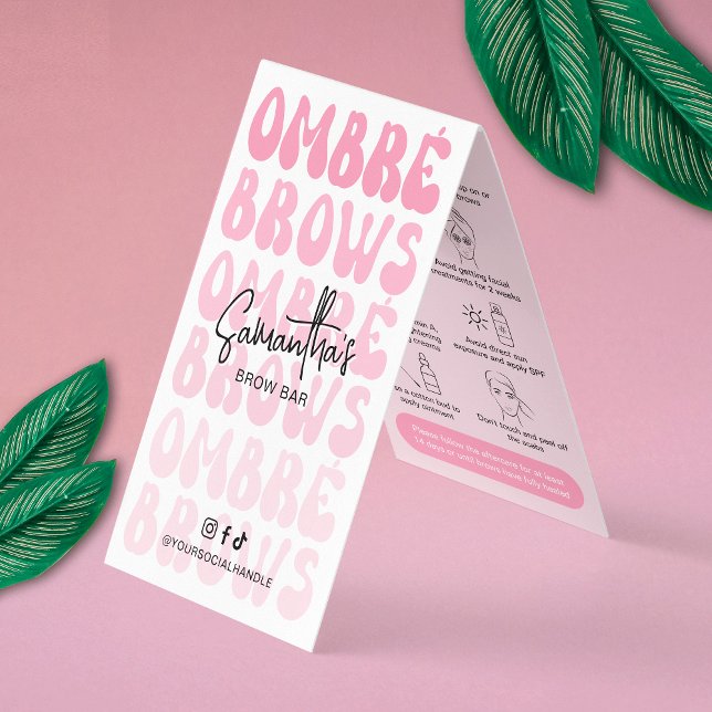 Ombré Brows After Care Retro Pink Logo Powder Brow Business Card (Trendy and chic powder brows aftercare cards with retro fonts in a girly pink design)