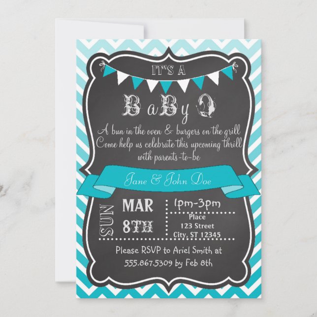 Ombre Chevron Chalkboard BabyQ Invitation (Front)