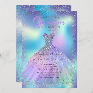 Ombre Dress,Confetti Holographic Quinceañera Invitation