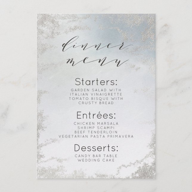 Ombre Dusty Blue Frosted Silver Foil Modern Dinner Menu (Front)