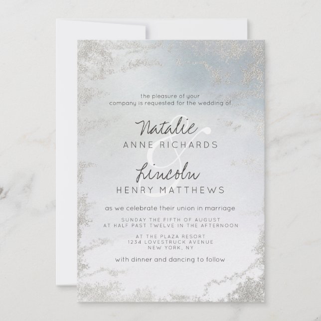 Ombre Dusty Blue Frosted Silver Modern Wedding Invitation (Front)
