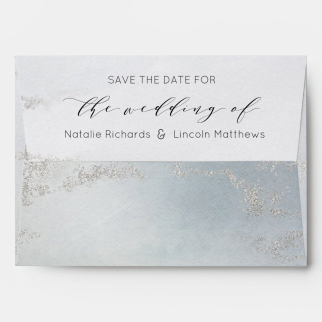 Ombre Dusty Blue Frosted Silver Save the Date Envelope (Back (Top Flap))