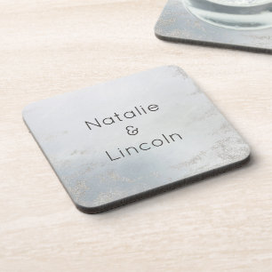 Ombre Dusty Blue Frosted Silver Wedding Monogram Coaster