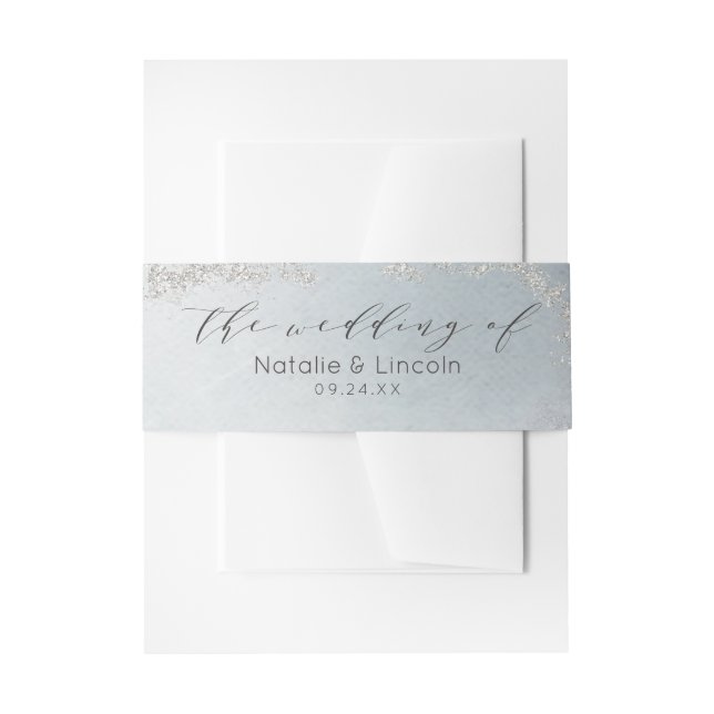 Ombre Dusty Blue Frosted Silver Wedding Monogram Invitation Belly Band (Front Example)