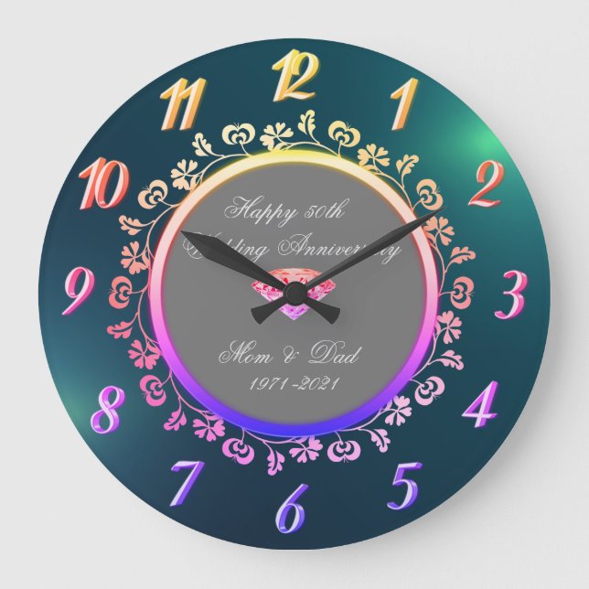 Ombre Floral Swirls,Green 50th Wedding Large Clock (Front)
