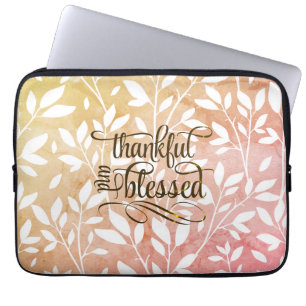 Ombré Floral “Thankful & Blessed” Typography Laptop Sleeve