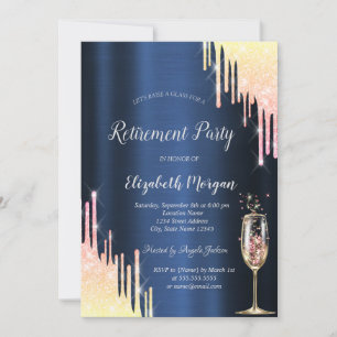 Ombre Glitter Drips Glass Navy Blue Retirement  Invitation