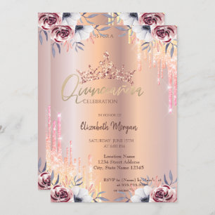 Ombre Glitter Drop Tiara Floral Quinceañera Invitation