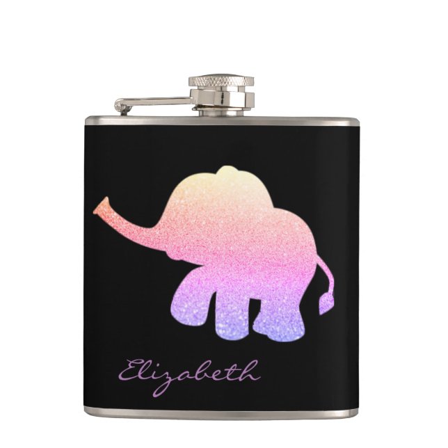 Ombre Glitter Elephant, Black - Personalised Hip Flask (Front)