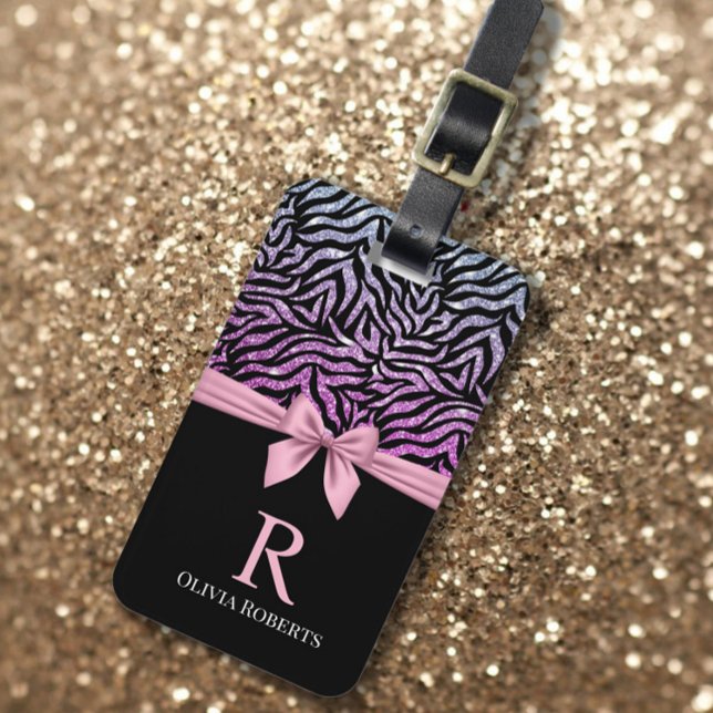 Ombre Glitter Zebra Pink Bow Monogram Luggage Tag (Creator Uploaded)