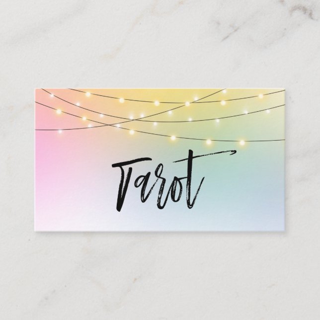 *~*  Ombre Gold String Lights Pastel Tarot Reader Business Card (Front)
