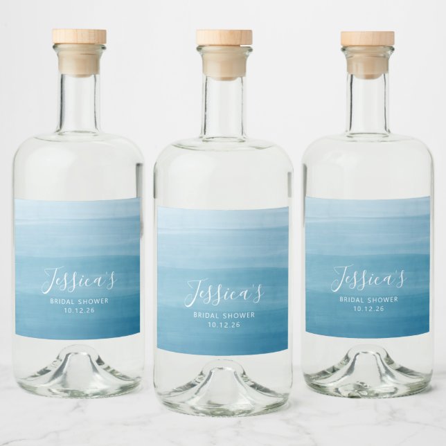 Ombre Gradient Dip Dye Ocean Blue Bridal Shower  Liquor Bottle Label (Bottles)