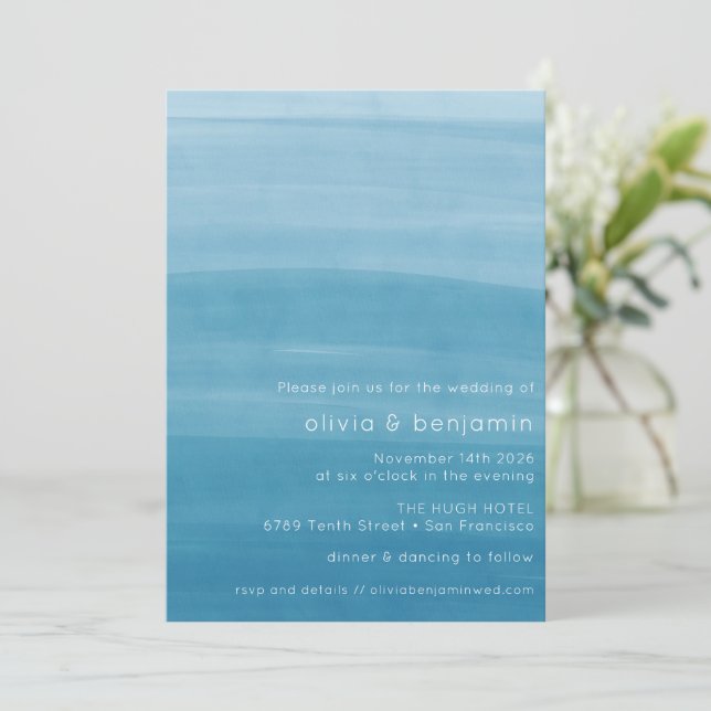 Ombre Gradient Dip Dye Ocean Blue Simple Wedding Invitation (Standing Front)