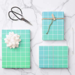 Ombre Green Teal Blue Grid Pattern Wrapping Paper Sheet