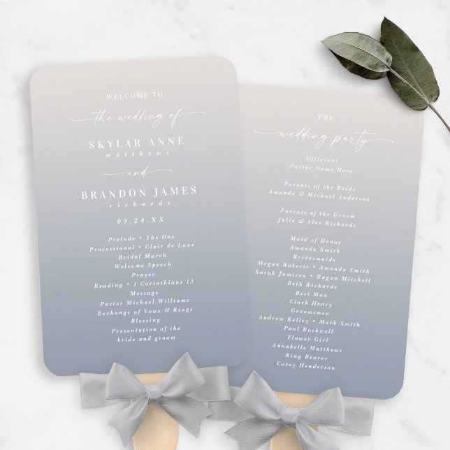 Ombre Ivory & Dusty Blue Wedding Ceremony Program Hand Fan (Creator Uploaded)
