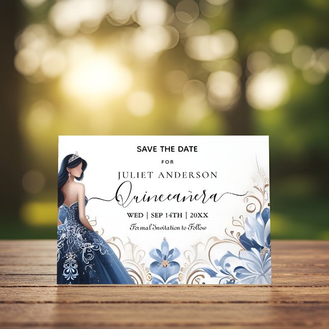 Ombre ivory Ice Sky Gold Royal Blue Quinceaner Save The Date (Creator Uploaded)